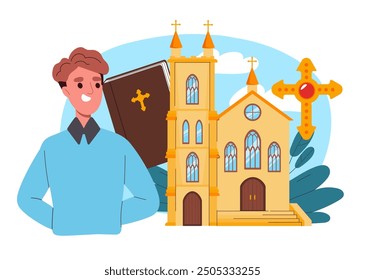 Christian man near church. Young guy stands near religious building with holy book. Faith and religion, belief. Person near temple. Flat vector illustration isolated on white background