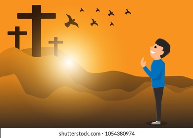 Christian man with open hands worship christian. Eucharist Therapy Bless God Helping Repent Catholic Easter Lent Mind Pray. Christian concept background.