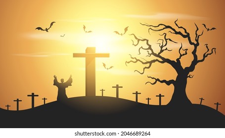 Christian man with open hands worship christian Vector illustration. Eucharist Therapy Bless God Helping Repent Catholic Easter Lent Mind Pray. Christian concept background.