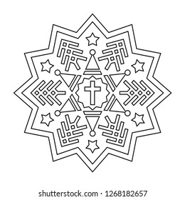 Christian Mandala Vector. Christmas coloring line design in black and white color. 