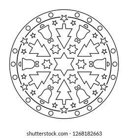 Christian Mandala Vector. Christmas coloring line design in black and white color. 