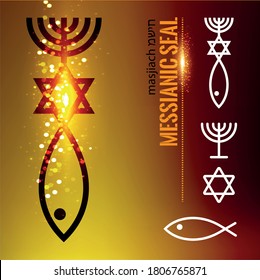 Christian or Messianic Judaism symbol vector illustration. Ichthys, Jesus Christ fish. Star of David. Menorah.