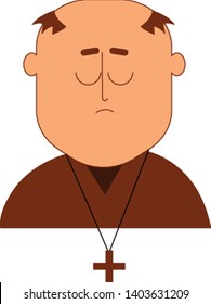 A Christian monk in a brown cassock and a cross-sign pendent has hair covering only the sides of the head with his eyes closed expresses sadness, vector, color drawing or illustration.