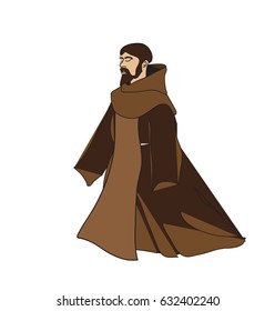 Christian Monk Or Friar Kneeling In Prayer. Color Vector Illustration.