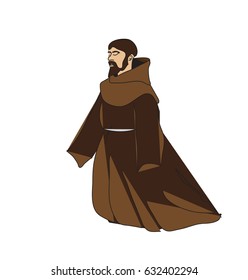 Christian monk or friar kneeling in prayer. Color vector illustration.