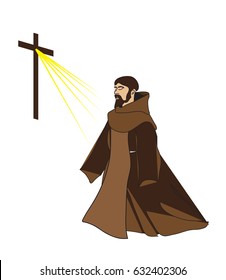 Christian monk or friar kneeling in prayer before the crucifix. Color vector illustration.