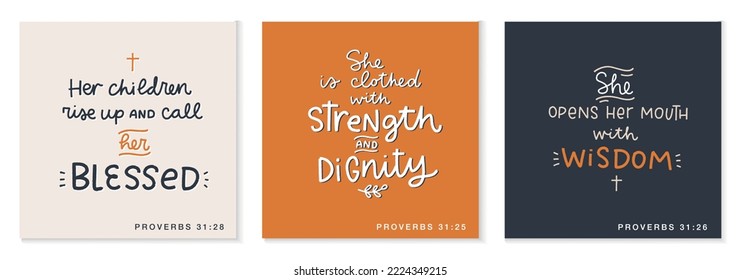 Christian mother quotes set. Different short Proverbs 31 Bible verses about motherhood, wisdom, strength and dignity for Mother's day church decor, cards, stickers.