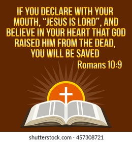 Christian motivational quote. Bible verse. Cross and shining sun - resurrection concept, symbols. Golden text over maroon background