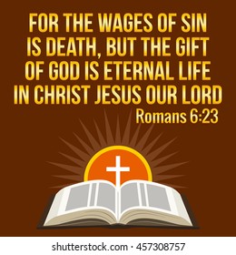 Christian motivational quote. Bible verse. Cross and shining sun - resurrection concept, symbols. Golden text over maroon background