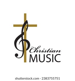 christian music emblem with cross and treble clef isolated on white background