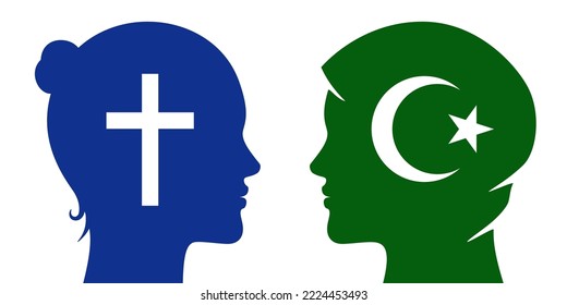 Christian and Muslim women relations concept vector illustration. Different religion female multicultural or religious discussion, meeting, point of view dialogue banner design.