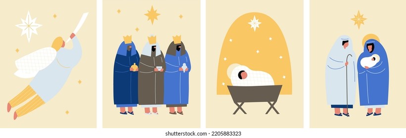 Christian nativity scene  Collection traditional christian holy night characters  Vector illustration sacred elements for holiday cards  Bethlehem   Star above  