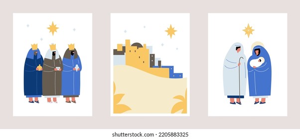 Escena sagrada de la natividad. Colección de personajes tradicionales cristianos de la noche sagrada. Ilustración vectorial de elementos sagrados para tarjetas de vacaciones. Belén y Estrella arriba. Conjunto religioso cristiano