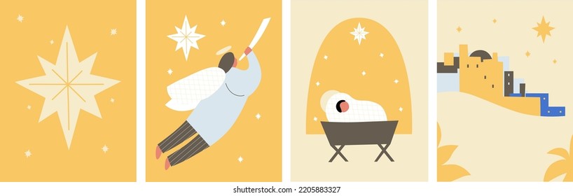 Christian nativity scene. Collection of traditional christian holy night characters. Vector illustration of sacred elements for holiday cards. Bethlehem and Star above. 