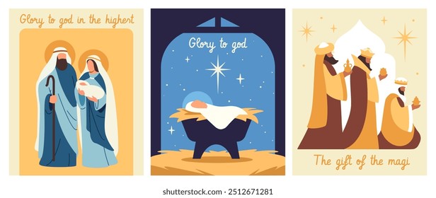 Christian nativity scene set. Sacred greeting cards with traditional Christian holy night characters. Celebration of religious holiday. Flat vector illustration collection isolated on white background