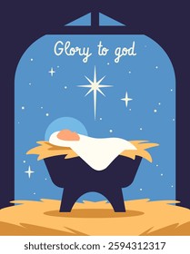 Christian nativity scene. Traditional Christmas Christian scene of baby Jesus in manger. Bethlehem city and Christmas star. Celebration of religious holiday. Flat vector illustration