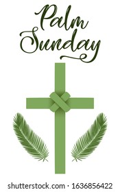 A Christian Palm Sunday religious holiday lettering with palm branches and leaves and cross illustration. Vector EPS 10 available.