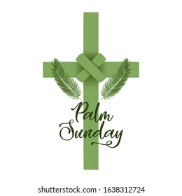 A Christian Palm Sunday religious holiday lettering with palm branches and leaves and cross illustration. Vector EPS 10 available.