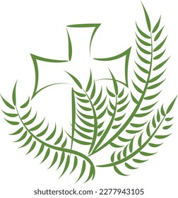 A Christian Palm Sunday religious holiday with palm branches and leaves