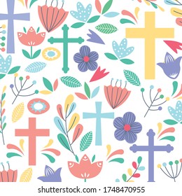 Christian Pattern Background With Cross And Flowers. Vector Illustration