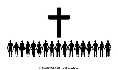 Christian people holding hands standing in row with giant cross vector silhouette set	