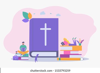 Christian people read the Holy Bible and learn about the Word of God. Jesus Christ and the Bible, a holy scripture. Colorful vector illustration