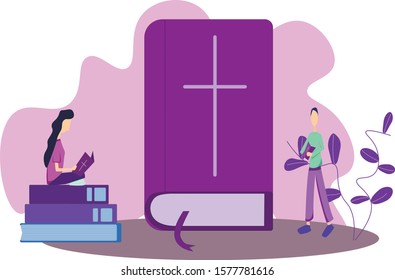 Christian people read the Holy Bible and learn about the Word of God. Colorful vector illustration