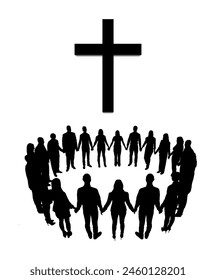 Christian people standing in circle holding hands together toward giant holy cross in the middle black silhouette.	