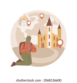 Christian pilgrimages abstract concept vector illustration. Go on pilgrimage, visit saint places, seeking god, christian nuns, monks in monastery, religious procession, prayer abstract metaphor.