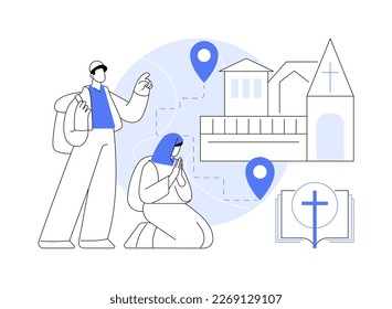 Peregrinaciones cristianas abstractas como ilustración vectorial. Sigue el peregrinaje, visita lugares santos, busca a dios, monjas cristianas, monjes en monasterio, procesión religiosa, metáfora abstracta de oración.