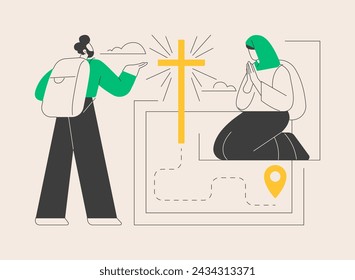 Christian pilgrimages abstract concept vector illustration. Go on pilgrimage, visit saint places, seeking god, christian nuns, monks in monastery, religious procession, prayer abstract metaphor.