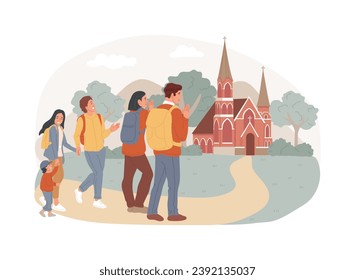 Christian pilgrimages isolated concept vector illustration. Go on pilgrimage, visit saint places, seeking god, christian nuns, monks in monastery, religious procession, prayer vector concept.