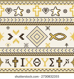 Padrão cristão sem emenda da arte do pixel com símbolos religiosos geométricos