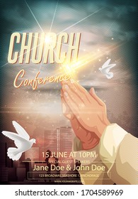 Christian Poster Template Invitation. Religious Flyer Card For The Church Service Event. Bible Quote Design.Modern Minimal Illustration With City Background, Clouds, Dove. EPS 10