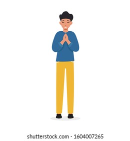 Christian prayer character man prays to God. Flat vector cartoon illustration.