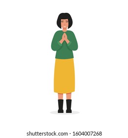 Christian prayer character woman prays to God. Flat vector cartoon illustration.