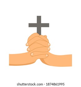 Christian praying hands with cross Jesus Christ in flat design on white background.