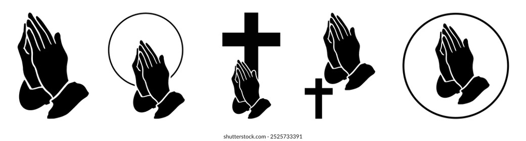 Christian Praying hands worship and hope innocent or peaceful, trust or prosperity, devotion and serene with Christian cross Jesus and circle light shine