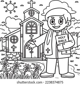 Christian Priest in Front of Church Coloring Page 