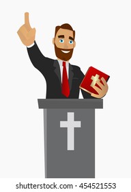 A Christian priest gave a sermon in a church in worship. Vector illustration on white background isolated.