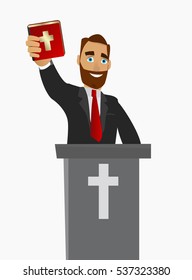 A Christian priest gave a sermon in a church in worship. Vector illustration on white background isolated. 