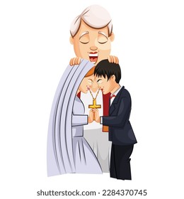 The Christian priest is giving a blessing to the couple. Vector graphic illustration. Individually on a white background.