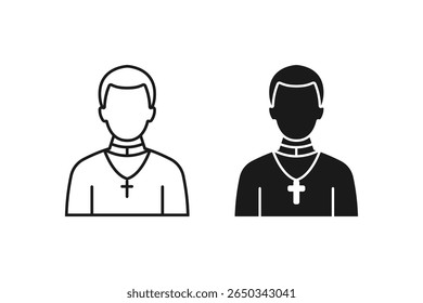 Christian Priest Icon Religious Clergy Character in Traditional Robe and Cross Minimal Line Art Black Outline Isolated on White Background Faith and Worship Concept for Church and Religion Design