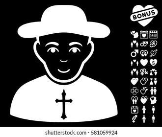 Christian Priest pictograph with bonus decoration pictures. Vector illustration style is flat iconic white symbols on black background.