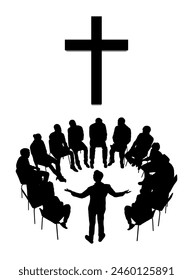 Christian priest preaching to group of people circle meeting with giant cross symbol vector silhouette.	