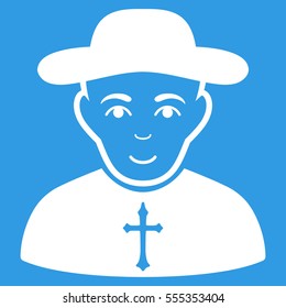 Christian Priest vector icon. Flat white symbol. Pictogram is isolated on a blue background. Designed for web and software interfaces.