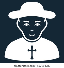 Christian Priest vector icon. Flat white symbol. Pictogram is isolated on a dark blue background. Designed for web and software interfaces.