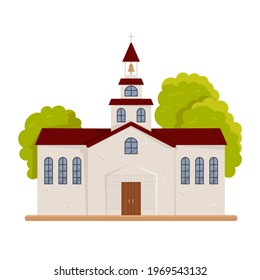 Christian or protestant church building isolated. Holy place for have audience with pastor. Public religious architecture catholic cross. Temple or monastery design. Vector flat cartoon illustration