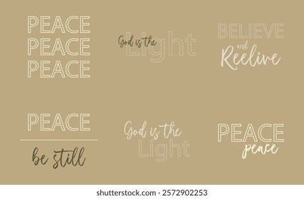 Christian quotes bundle, peace religious print, God is light, Christian saying set, vector illustration