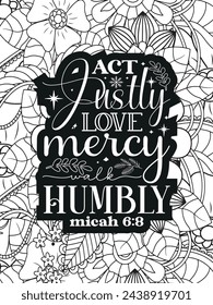 Christian Quotes Flower Coloring Page Beautiful black and white illustration for adult coloring book